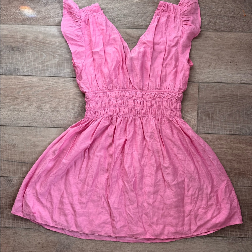 Pink Ruched Waist Flutter Sleeve Pink Mini Dress Summer Feminine Coquette Airy - Picture 2 of 8